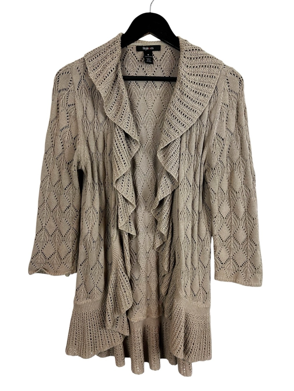 Style & Co Ruffle Cardigan Women's Size Medium Tan 100% Cotton